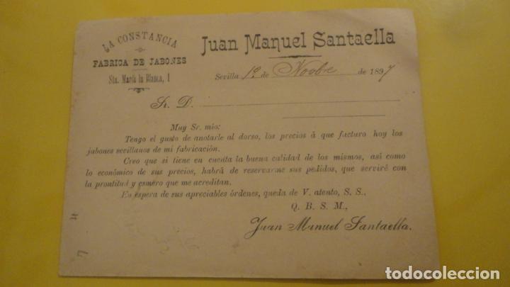 Documentos antiguos: ANTIGUA TARJETA LISTADO DE PRECIOS. LA CONSTANCIA FABRICA JABONES.JUAN MANUEL SANTAELLA SEVILLA 1897