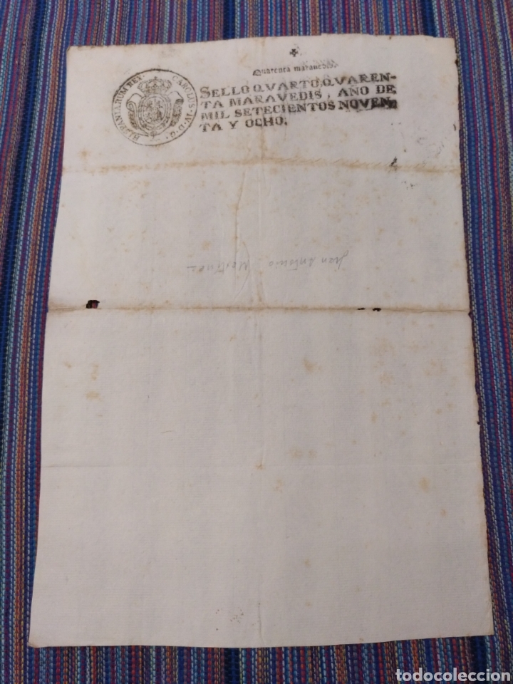 Documents Anciens: DOCUMENTO UNA HOJA 1798 SIN ESCRIBIR SELLO 40 MARAVED&Iacute;S