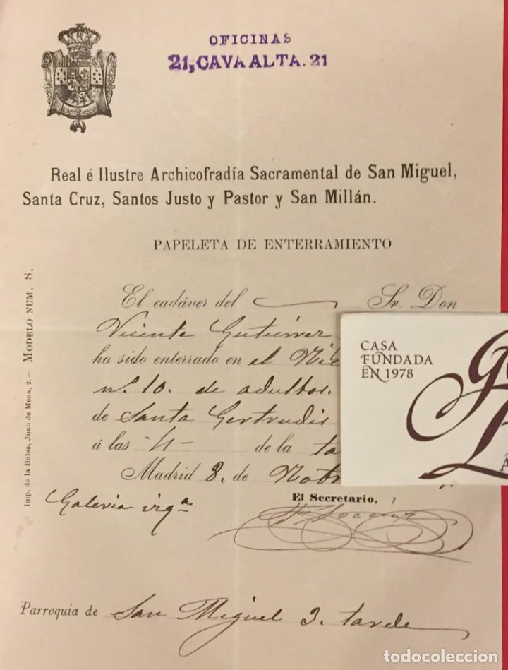 Documentos antiguos: ARCHICOFRADIA DE SAN MIGUEL PAPELETA DE ENTERRAMIENTO MADRID 1905