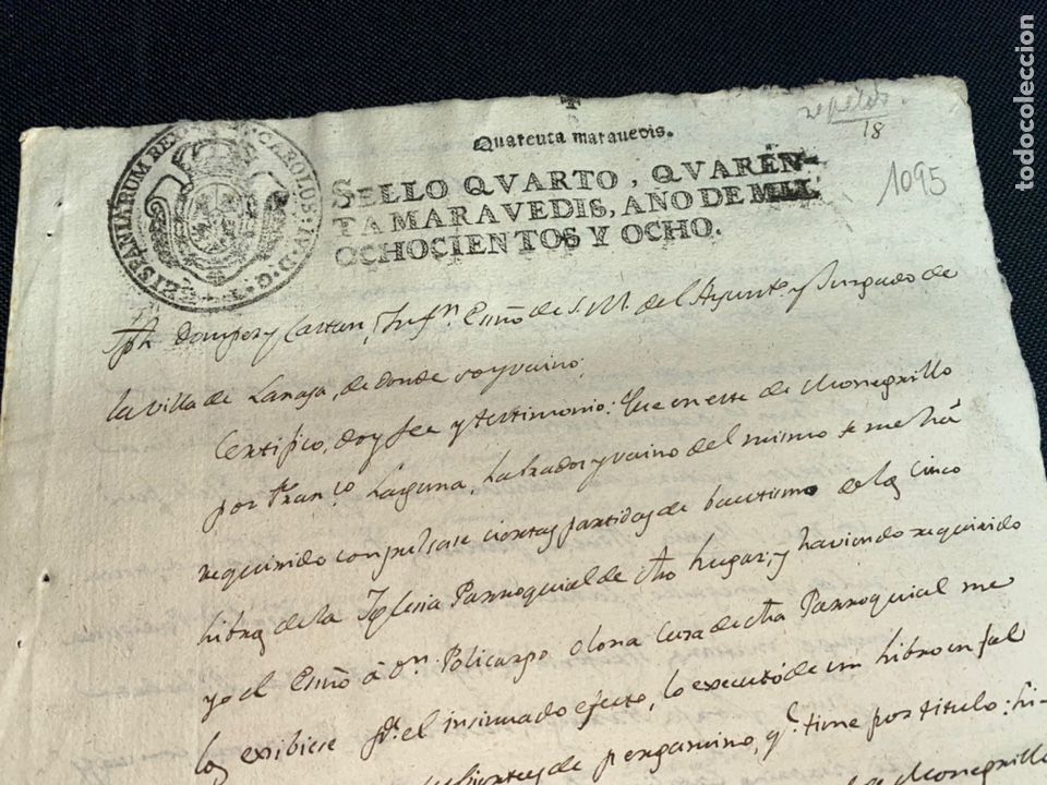Documentos antiguos: SELLO CUARTO CARLOS IV DE 1808. AYUNTAMIENTO VILLA DE LANAJA. FIRMADO EN MONEGRILLO.