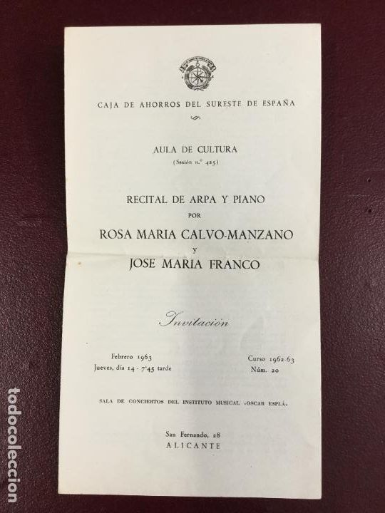 Documentos antiguos: Diptico - Recital de arpa y piano - ROSA MARIA CALVO-MANZANO y JOSE MARIA FRANCO - Invitacion - 1963