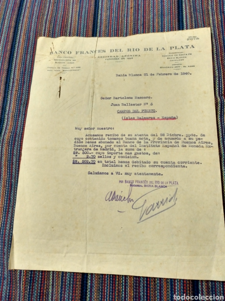 Documentos antiguos: 1940 BANCO FRANC&Eacute;S DEL RIO DE LA PLATA ARGENTINA A CAMPOS DEL PUERTO MALLORCA TAMA&Ntilde;O FOLIO
