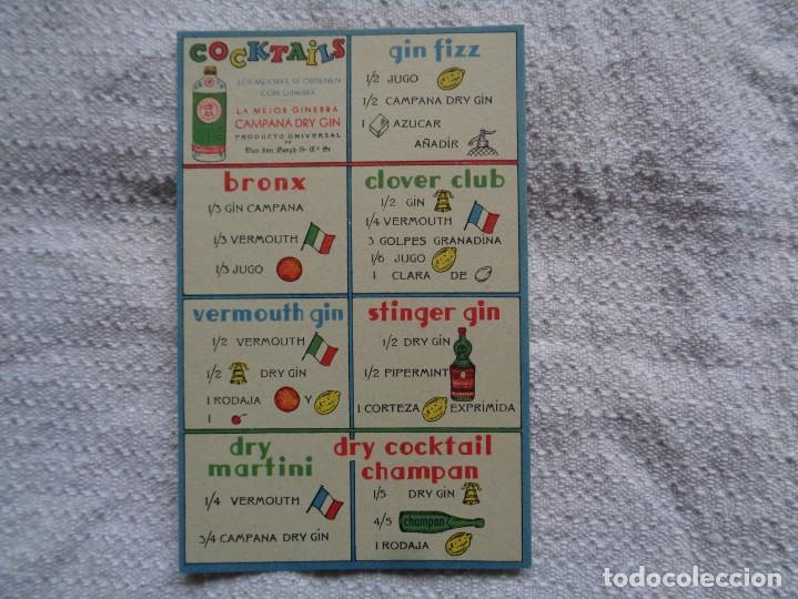 Documentos antiguos: ANTIGUO CARTEL DE RECETAS DE COCKTAILS CON GINEBRA LA CAMPANA. 14 X 9 Cm.