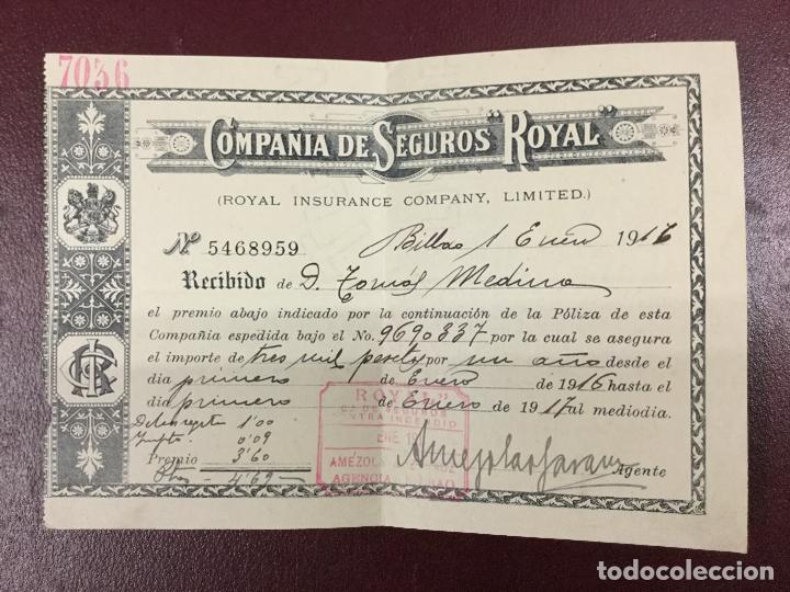Documentos antiguos: POLIZA COMPA&Ntilde;IA DE SEGUROS ROYAL - INSURANCE COMPANY - BILBAO 1 ENERO 1916 - 20x14