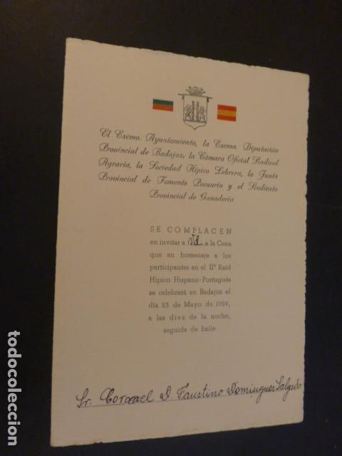 Documentos antigos: BADAJOZ INVITACION Y MENU II&ordm; RAID HISPANO PORTUGUES 1959