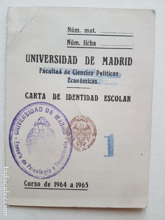Documents Anciens: UNIVERSIDAD DE MADRID CARNET ESCOLAR 1965