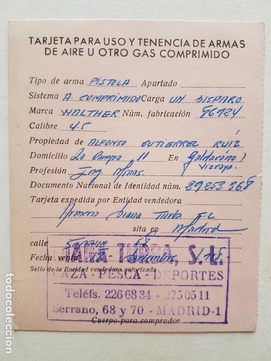 Documents Anciens: LICENCIA ARMAS DE AIRE COMPRIMIDO 1965 MADRID