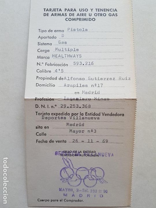 Documentos antiguos: LICENCIA ARMAS DE AIRE COMPRIMIDO 1969 MADRID - Foto 1