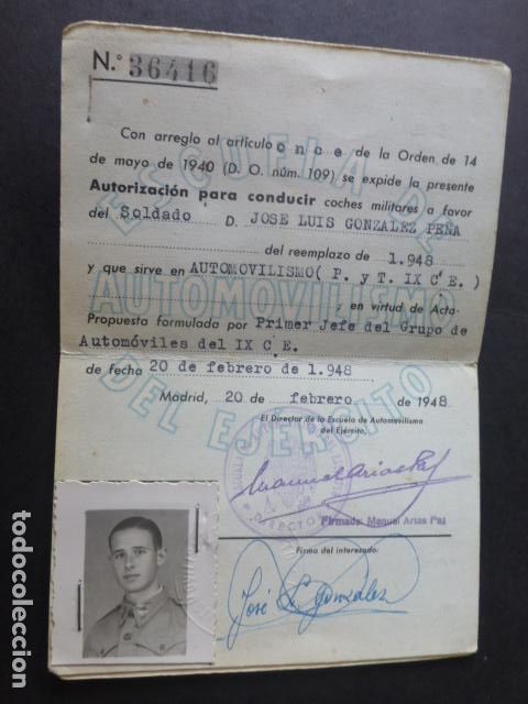 Documentos antiguos: ESCUELA DE AUTOMOVILISMO DEL EJERCITO AUTORIZACION PARA CONDUCIR 1946