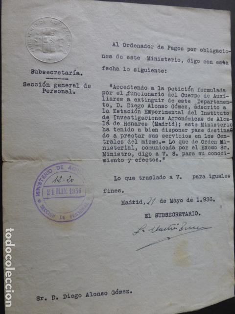 Documents Anciens: ALCALA HENARES INSTITUTO AGRONOMICO ORDEN DE TRASLADO 1936 MINISTERIO AGRICULTURA