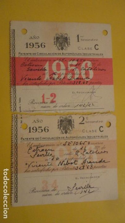 Documentos antiguos: DOS ANTIGUAS PATENTES DE CIRCULACION.AUTOMOVILES.CITROEN.VICENTE NEBOT ARANDA.SEVILLA 1956