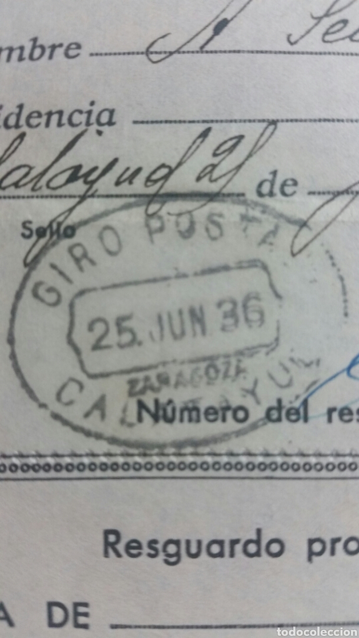Documentos antiguos: Calatayud Giro Postal junio 1936 - Foto 2