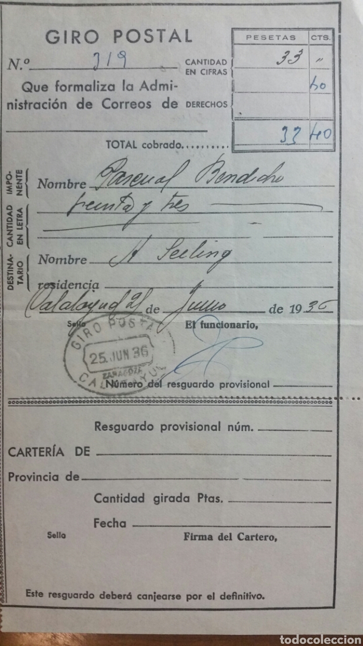 Documentos antiguos: Calatayud Giro Postal junio 1936 - Foto 1