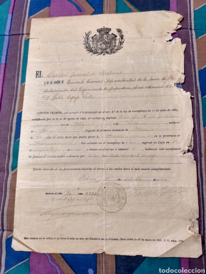 Documents Anciens: DOCUMENTO 2 HOJAS INCA MALLORCA PERMISO SELLO TINTA Y EN SECO EJERCITO ZONA RECLUTAMIENTO INCA