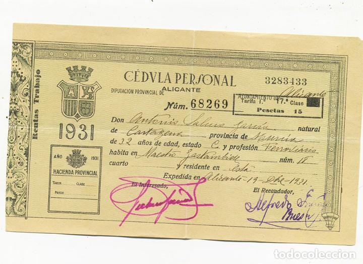 Documentos antiguos: CEDULA PERSONAL TRABAJO EMPLEADO ALICANTE 1.931