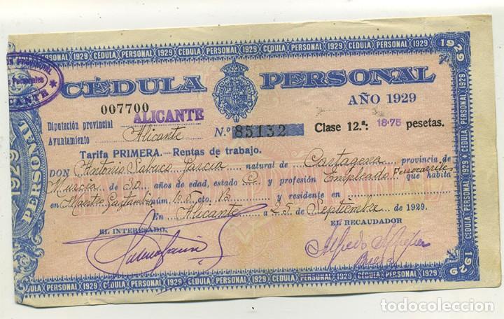 Documentos antiguos: CEDULA PERSONAL TRABAJO EMPLEADO ALICANTE 1.929