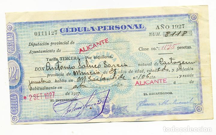 Documentos antiguos: CEDULA PERSONAL TRABAJO EMPLEADO ALICANTE 1.927