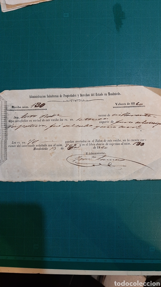 Documenti antichi: 1860 MONDO&Ntilde;EDO LUGO RECIBO VILLARONTE PAGO DERECHOS ESTADO LIBRERIA O ALMAC&Eacute;N DO COLISEVM