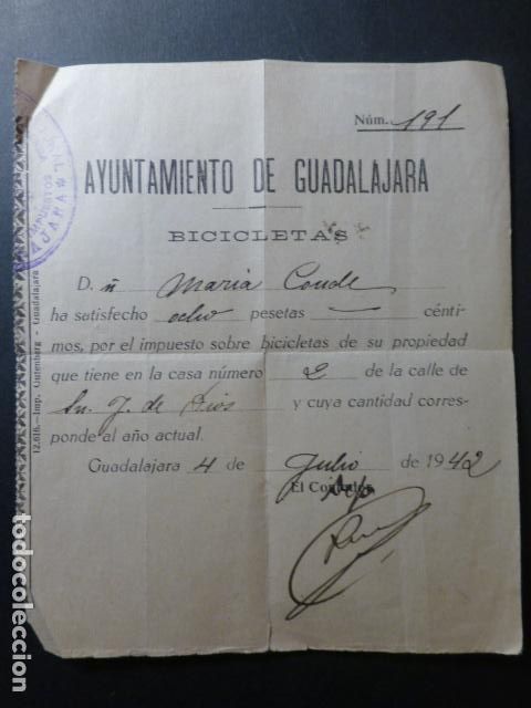 Documenti antichi: GUADALAJARA RECIBO PAGO CUOTA IMPUESTO SOBRE BICICLETAS 1942