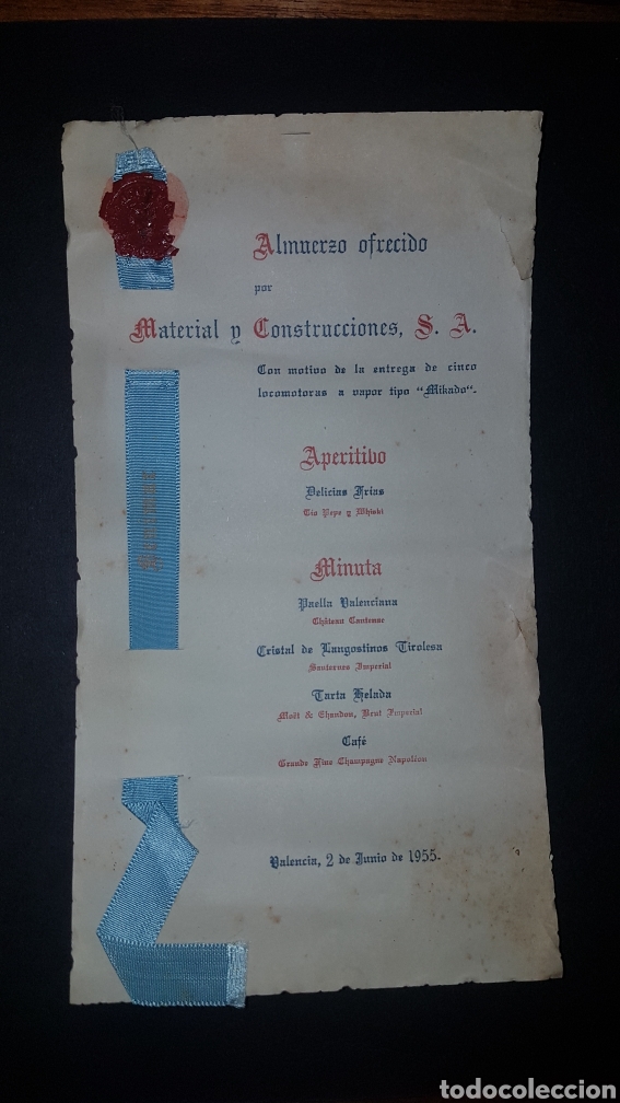 Documentos antiguos: Men&uacute; almuerzo ofrecido por MACOSA con motivo de la entrega de 5 locomotoras MIKADO 1955