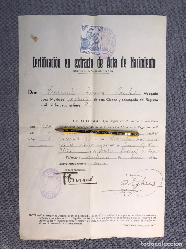 Documentos antiguos: VALENCIA. Documento Certificado Extracto de Acta de Nacimiento (a.1935) - Foto 1
