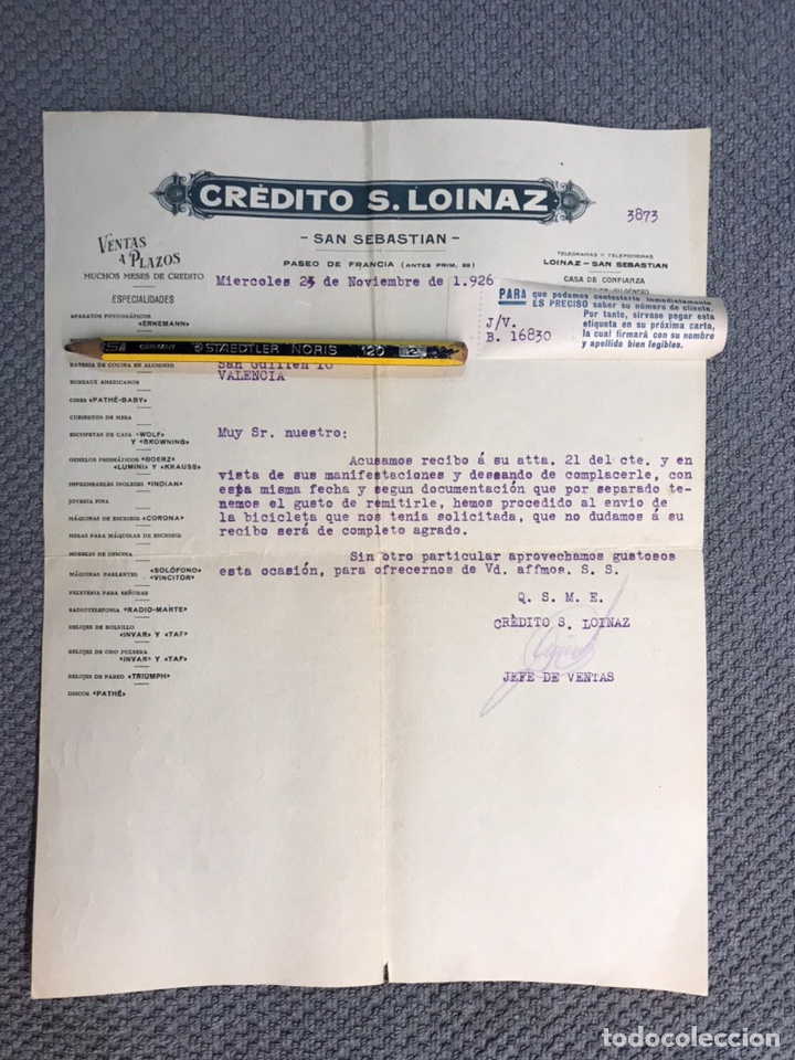 Documentos antiguos: SAN SEBASTI&Aacute;N. Carta documento CR&Eacute;DITO S. LOINAZ.., para la adquisici&oacute;n de una Bicicleta (a.1926)