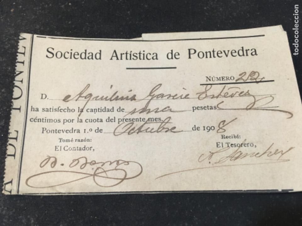 Documentos antiguos: Pontevedra. Recibo Sociedad Artistica. 1908 - Foto 1