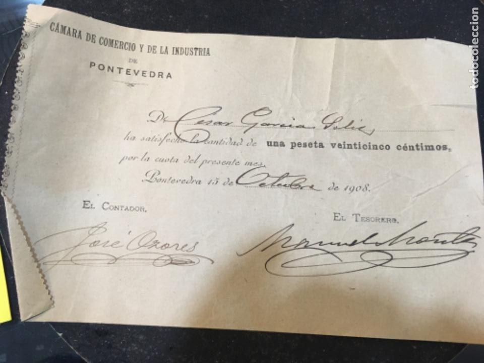 Documentos antiguos: Pontevedra. Recibo Camara de Comercio y de la industria. 1908 - Foto 1