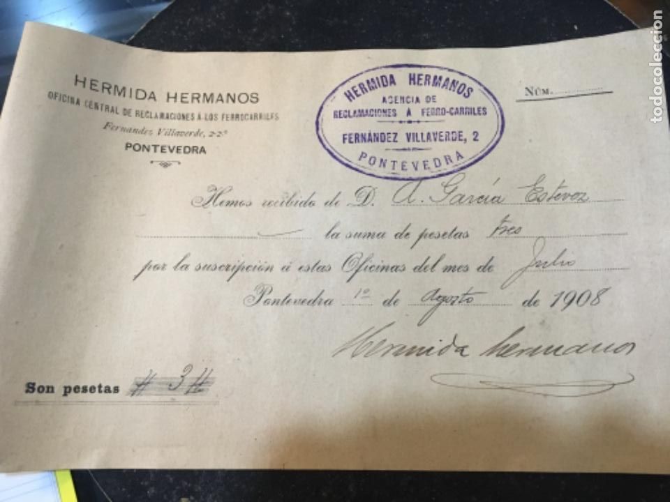 Documentos antiguos: Pontevedra. Recibo Hermida Hermanos. Ferrocarriles. . 1908 - Foto 1