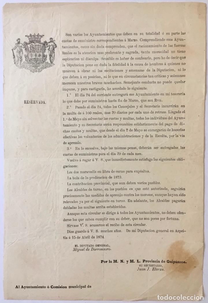 Documentos antiguos: [CIRCULAR]. - [GUIP&Uacute;ZCOA, DIPUTACI&Oacute;N]. - Foto 1