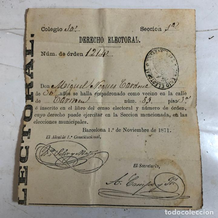 Old Documents: DERECHO ELECTORAL - MUNICIPALES 1871 BARCELONA - TAMPON Y SELLO SECO