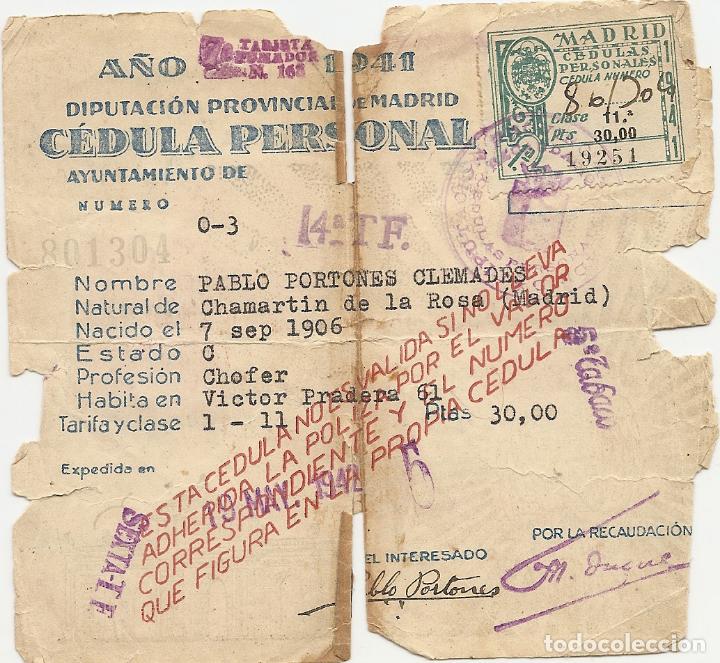 Documenti antichi: C&Eacute;DULA PERSONAL - DIPUTACI&Oacute;N PROVINCIAL DE MADRID - A&Ntilde;O 1941