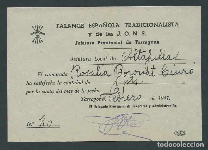 Documents Anciens: recibo de pago a la falange espa&ntilde;ola y tradicionalista a&ntilde;o 1941 tarragona