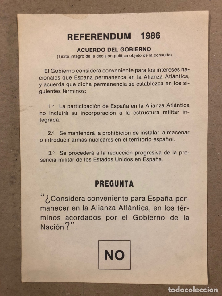 Documentos antiguos: REFER&Eacute;NDUM 1986 PARA LA ENTRADA EN LA OTAN. PAPELETA DE VOTO NEGATIVO.