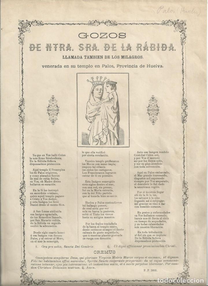Documentos antiguos: GOZOS DE N. SRA. DE LA R&Aacute;BIDA ... DE LOS MILAGROS, VENERADA EN SU TEMPLO EN PALOS ... HUELVA. 1892