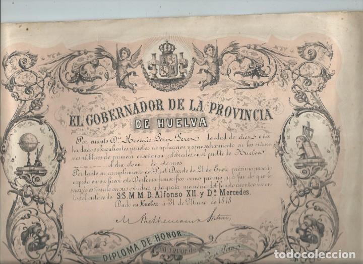 Documentos antiguos: DIPLOMA HONOR&Iacute;FICO CONMEMORATIVO DEL ENLACE DE S.S.M.M. D. ALFONSO XII Y D&ordf; MERCEDES. HUELVA 1878