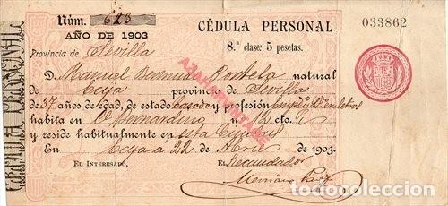 Documentos antiguos: ECIJA, SEVILLA, 1903, CEDULA PERSONAL - Foto 1