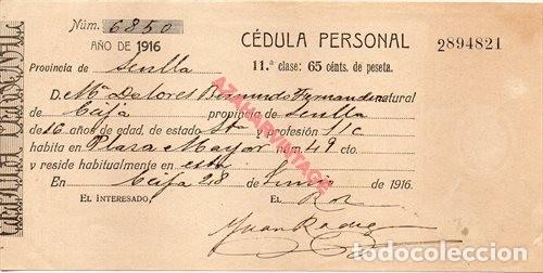 Documentos antiguos: ECIJA, SEVILLA, 1916, CEDULA PERSONAL - Foto 1