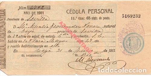 Documentos antiguos: ECIJA, SEVILLA, 1911, CEDULA PERSONAL - Foto 1