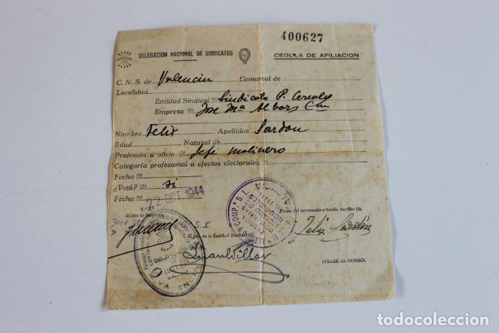 Documentos antiguos: CEDULA DE AFILIACION FALANGE DE LAS JONS VALENCIA, - Foto 1