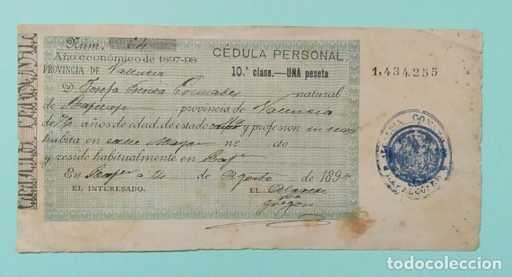 Documentos antiguos: CEDULA PERSONAL 1897 - 98 DECIMA CLASE VALENCIA - Foto 1