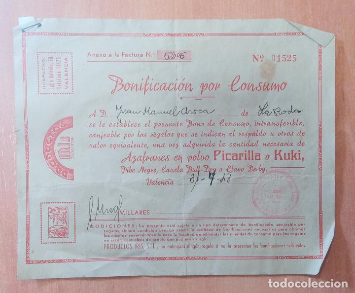 Documentos antiguos: BONIFICACI&Oacute;N DE CONSUMO. AZAFRANES EN POLVO PICARILLA O KUKI. A&Ntilde;OS 40
