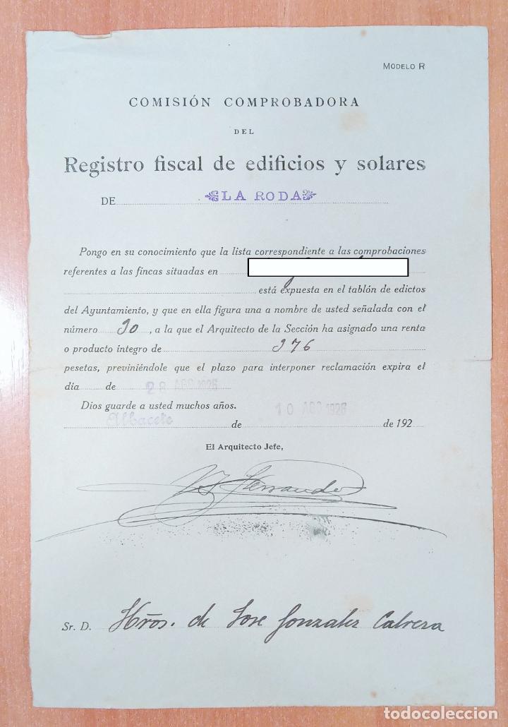 Alte Dokumente: COMISI&Oacute;N COMPROBADORA DEL REGISTRO FISCAL DE EDIFICIOS Y SOLARES. LA RODA, ALBACETE, 1926