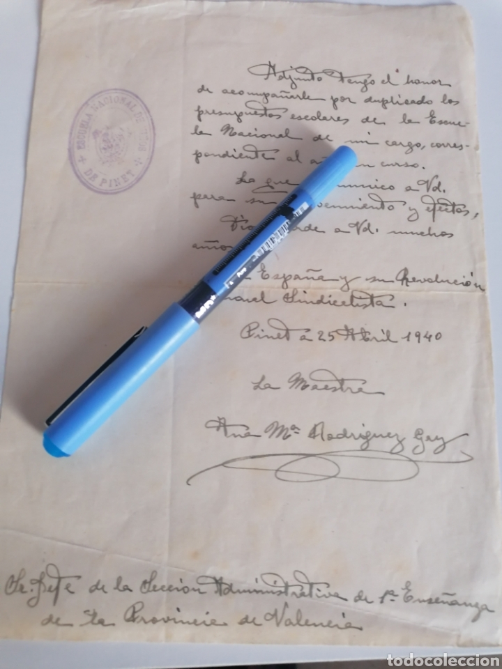 Documentos antiguos: PINET. ALICANTE. COMUNICACI&Oacute;N MAESTRA. ESCUELA NACIONAL DE NI&Ntilde;OS. 1940