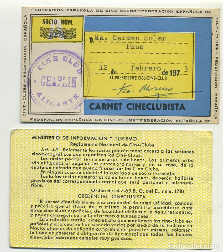 Documentos antiguos: 2 TARJETAS CARNET DE SOCIO DEL CINE CLUB CHAPLIN ALICANTE A&Ntilde;O 1975
