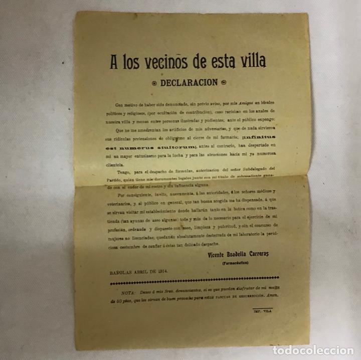 Documentos antiguos: DECLARACI&Oacute;N A LOS VECINOS DE BANYOLES 1914 - Foto 1