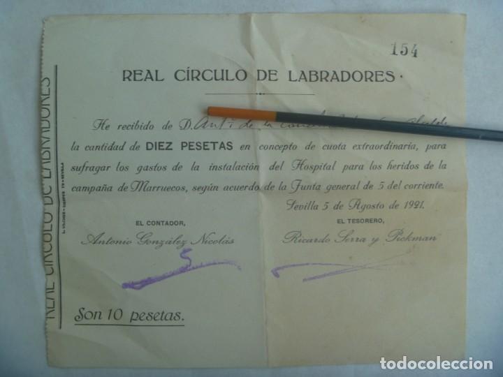 Documentos antiguos: REAL CIRCULO DE LABRADORES: RECIBO CUOTA ESPECIAL HOSPITAL HERIDOS CAMPA&Ntilde;A MARRUECOS. SEVILLA 1921
