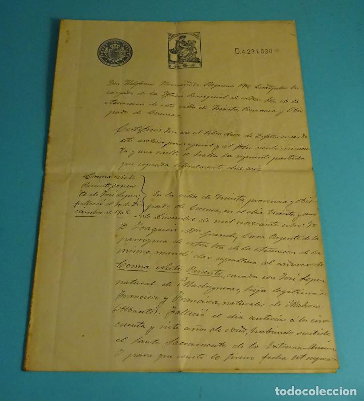 Documentos antiguos: CERTIFICADO DE DEFUNCI&Oacute;N EMITIDO EN INIESTA ( CUENCA ) EN 1917 - Foto 1