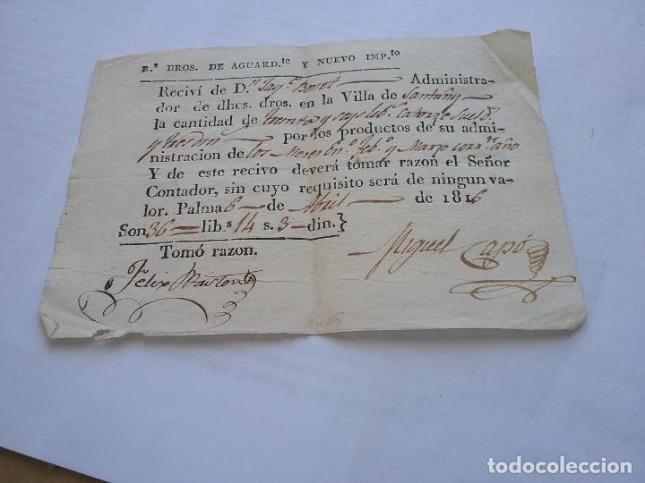 Documentos antiguos: Recibo Derechos Reales de Aguardiente. 6 abril 1816 (422)