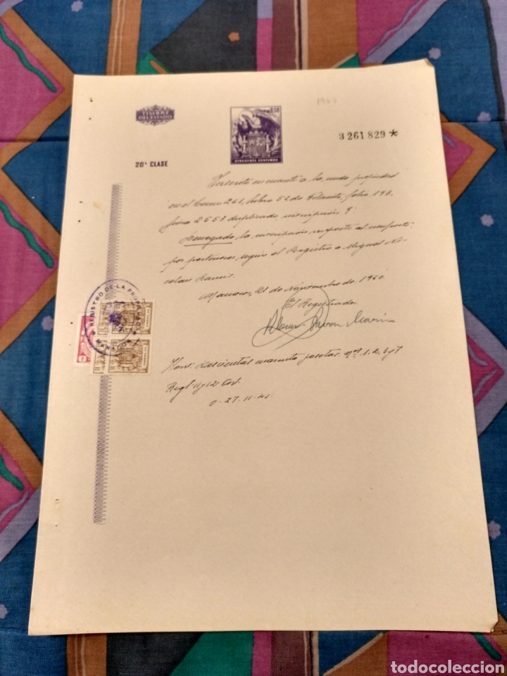 Documentos antiguos: DOCUMENTO DE 1960 RELATIVO A FELANITX Inscripci&oacute;n en Manacor Diversos sellos y tasas.